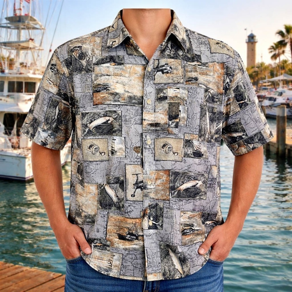 Field & Stream Shirt Medium Gamefish Boats Fishing Reels Gray Brown